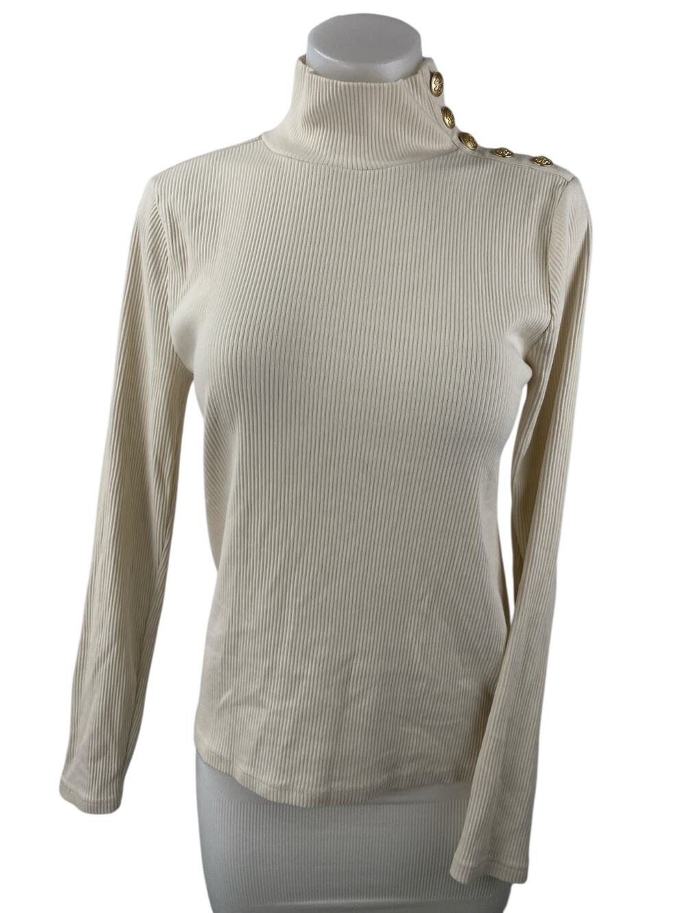 J.Crew Womens Cream Rib Knit Gold Button Turtleneck Long Sleeve Sweater Top Sz M